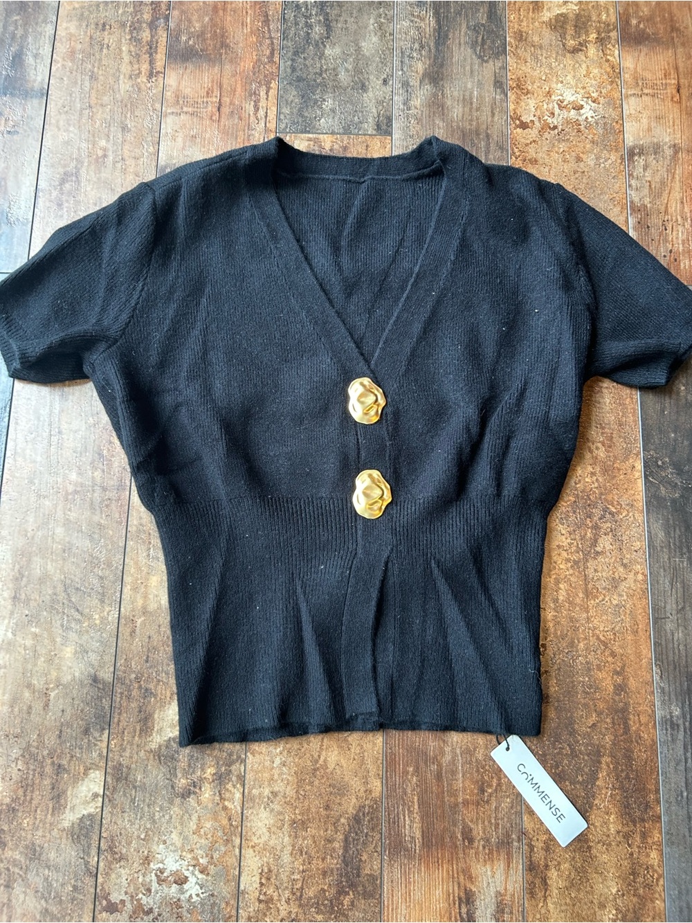 Black Short Sleeve Knit Top with Gold Button Accents medium